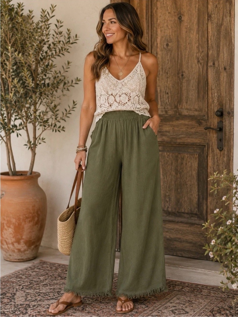 Umgee Olive Green Wide Leg Linen Pants with Frayed Hem